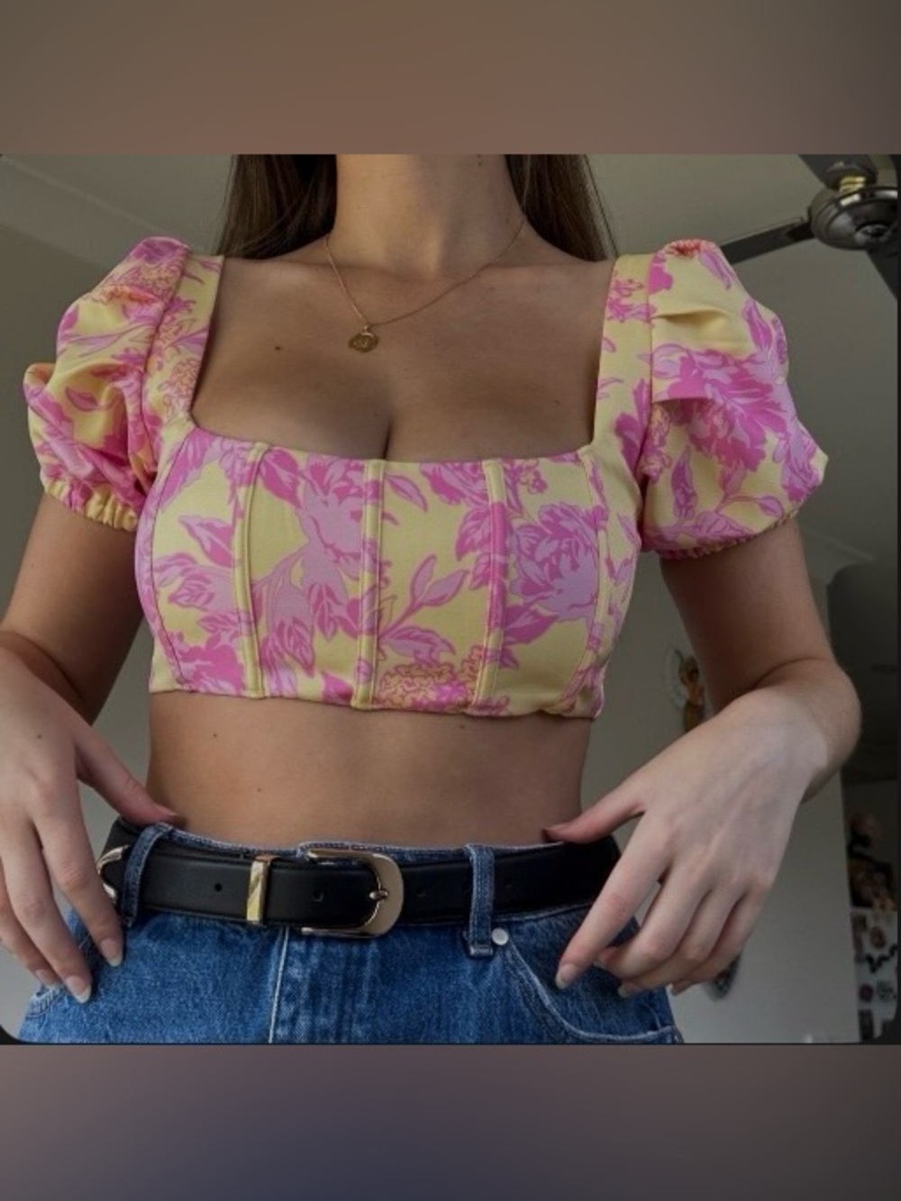 White Fox Boutique Floral Corset Crop Top Yellow Pink Puff Sleeve XL NWOT